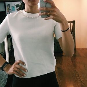 White Zara Short Sleeved Sweater with Pearls, XS/S